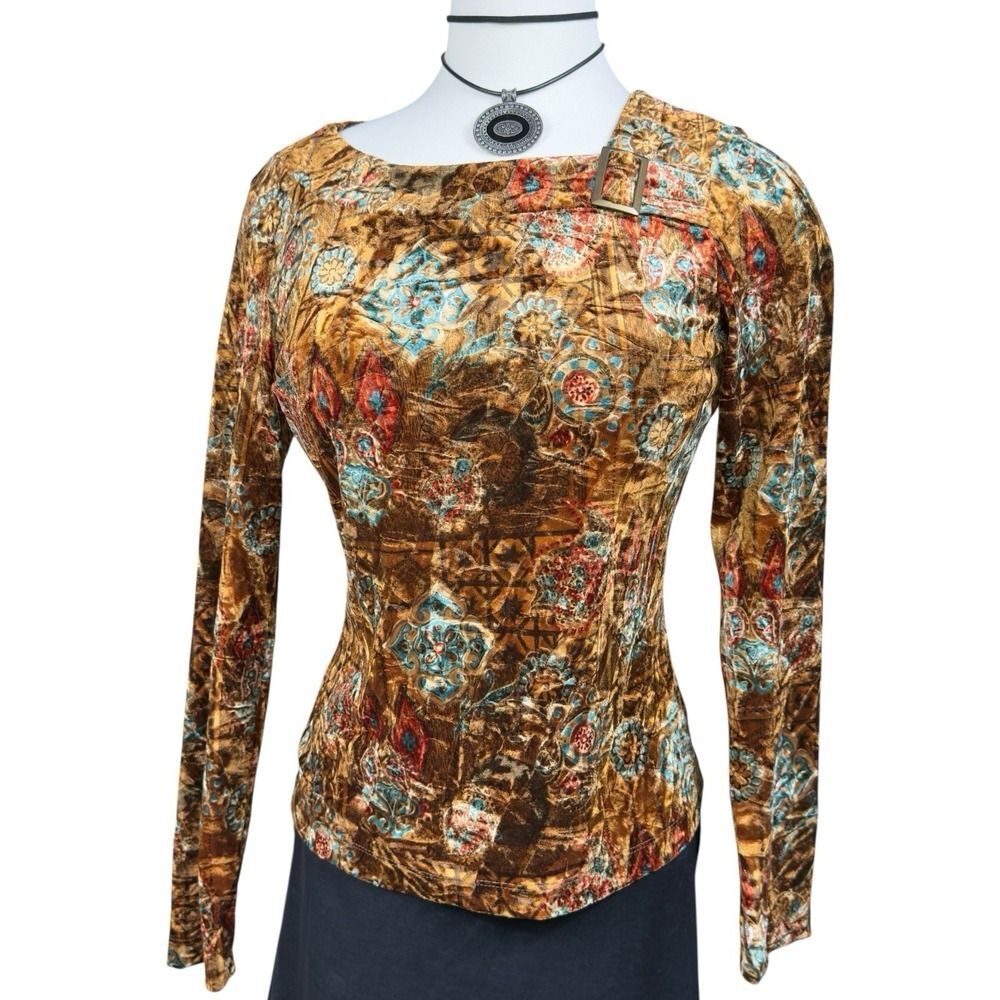 90s Y2K Clio Crushed Velvet Long Sleeve Top M‎ Retro Boho Baroque Print USA